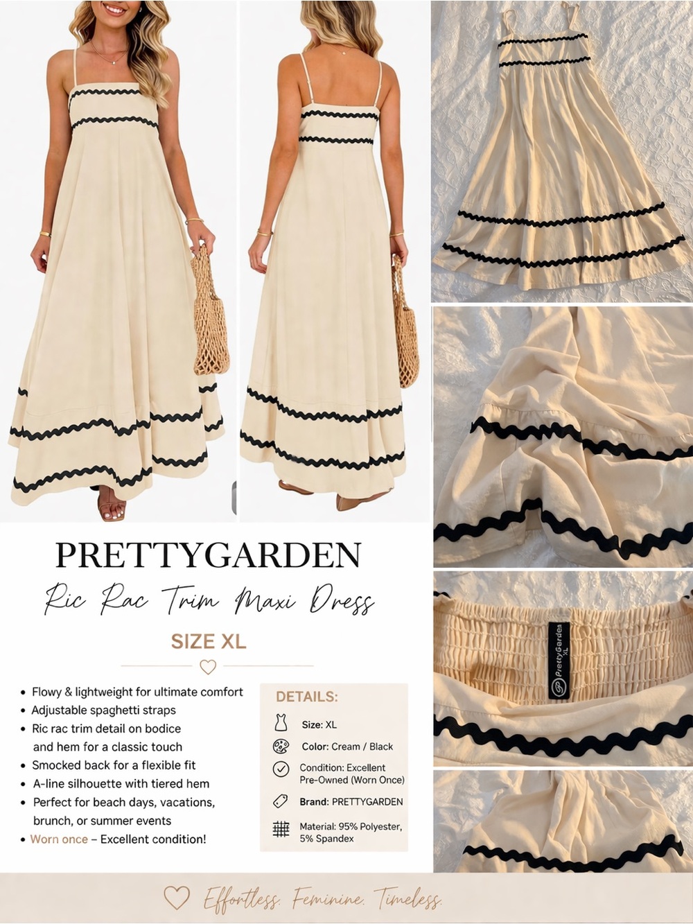 PrettyGarden Cream Maxi Skirt with Black Ric Rac Trim size XL